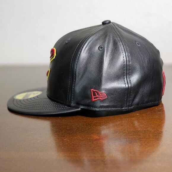 New Era NBA Cleveland Cavaliers Leather Fitted Cap Hat Black Red Gold 7 1/4 New - Picture 6 of 12